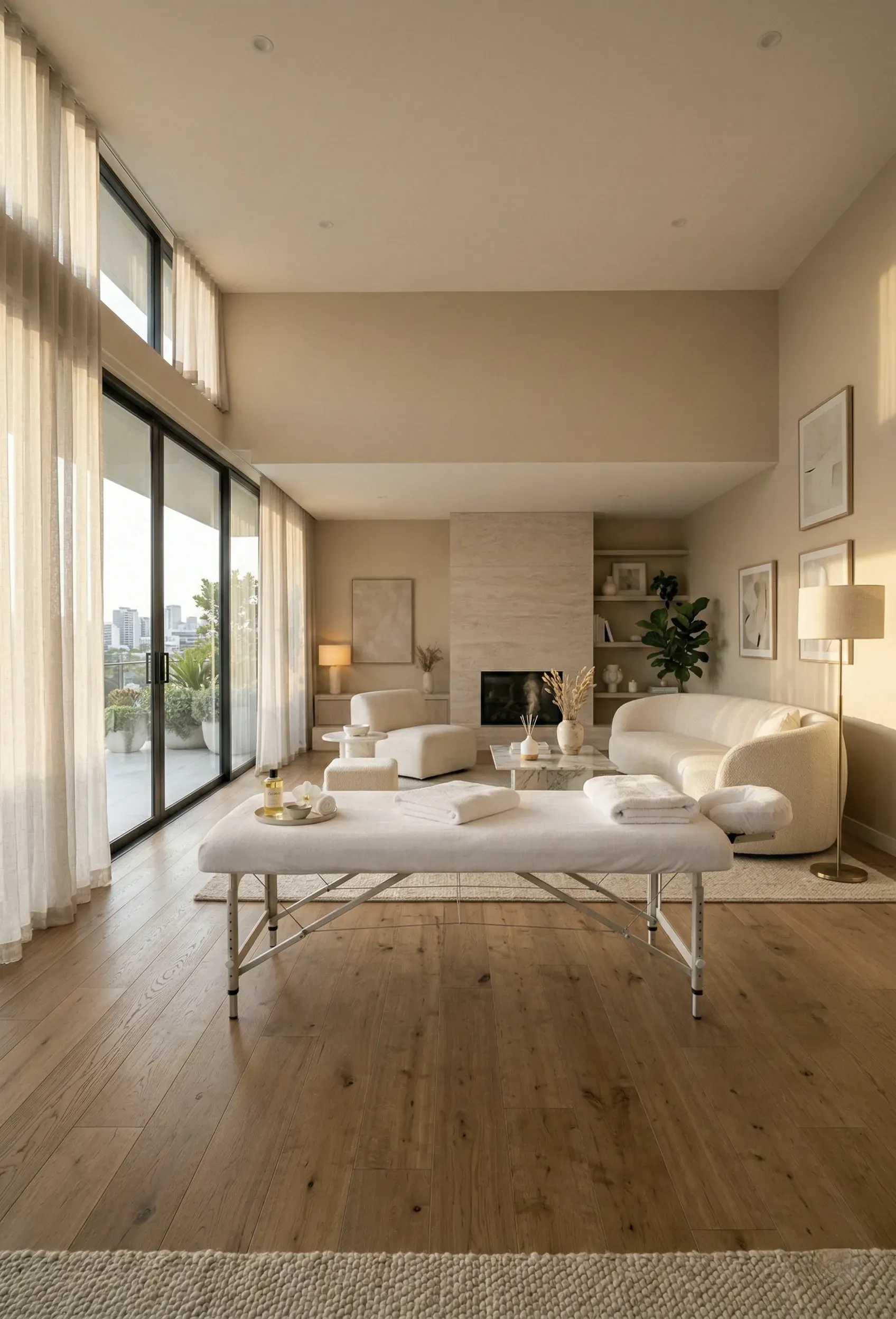 Soft towels and massage oil setup